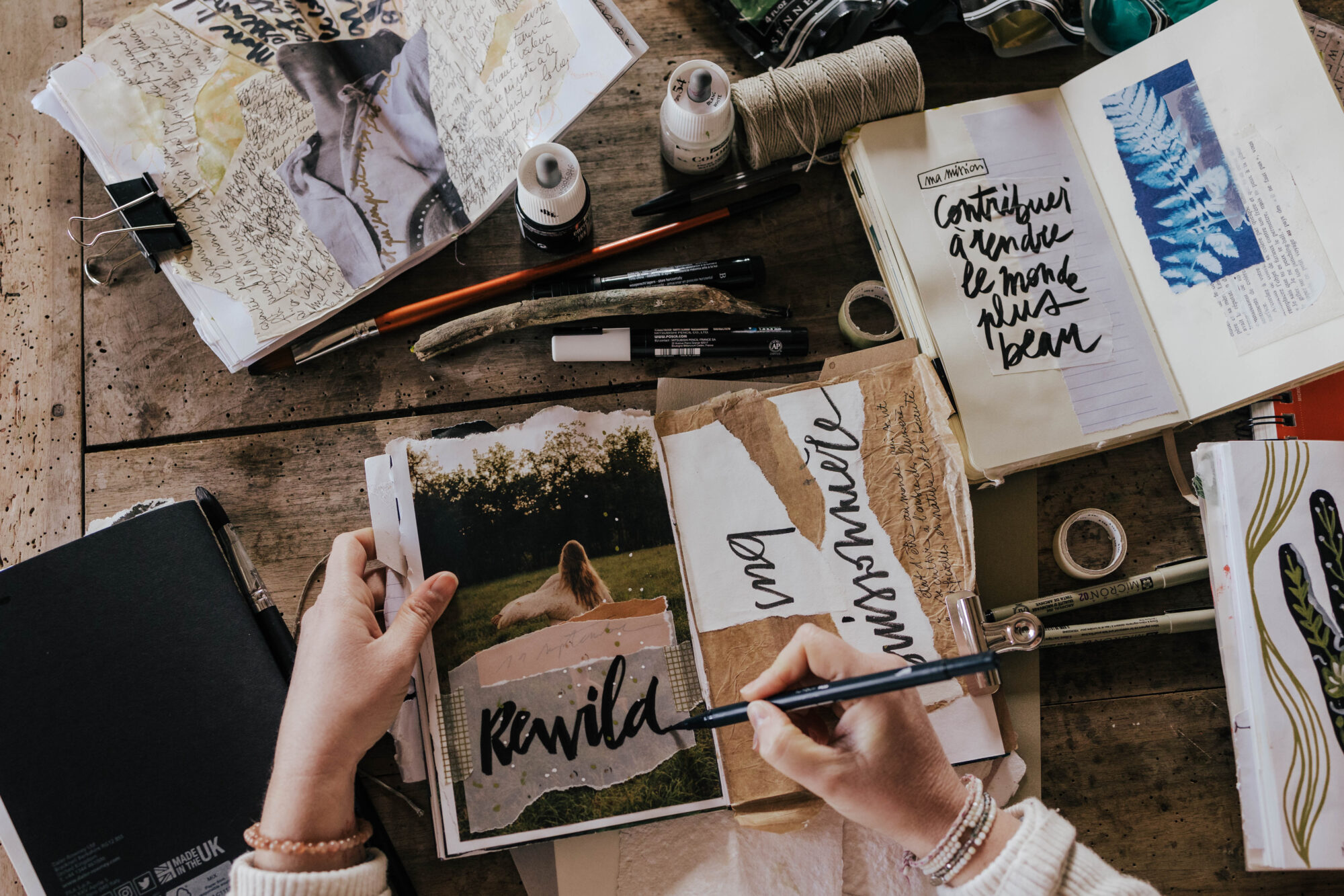 Les mains d'une artiste, entourée de carnets à dessin, en train d'écrire réensauvagement en anglais