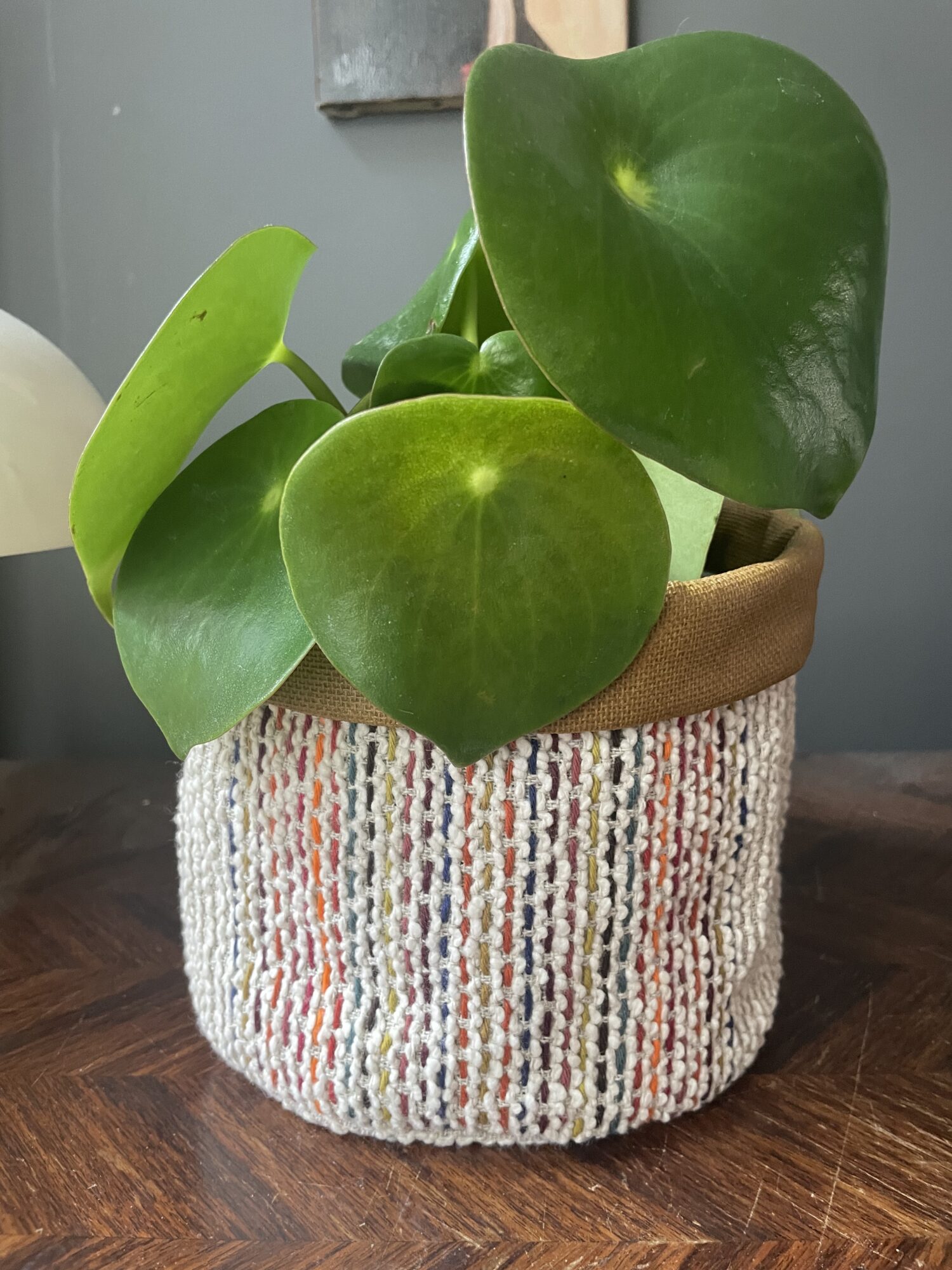Focus sur une panière brodée du Manoir Déco utilisée en guise de cache-pot pour une touche déco et originale